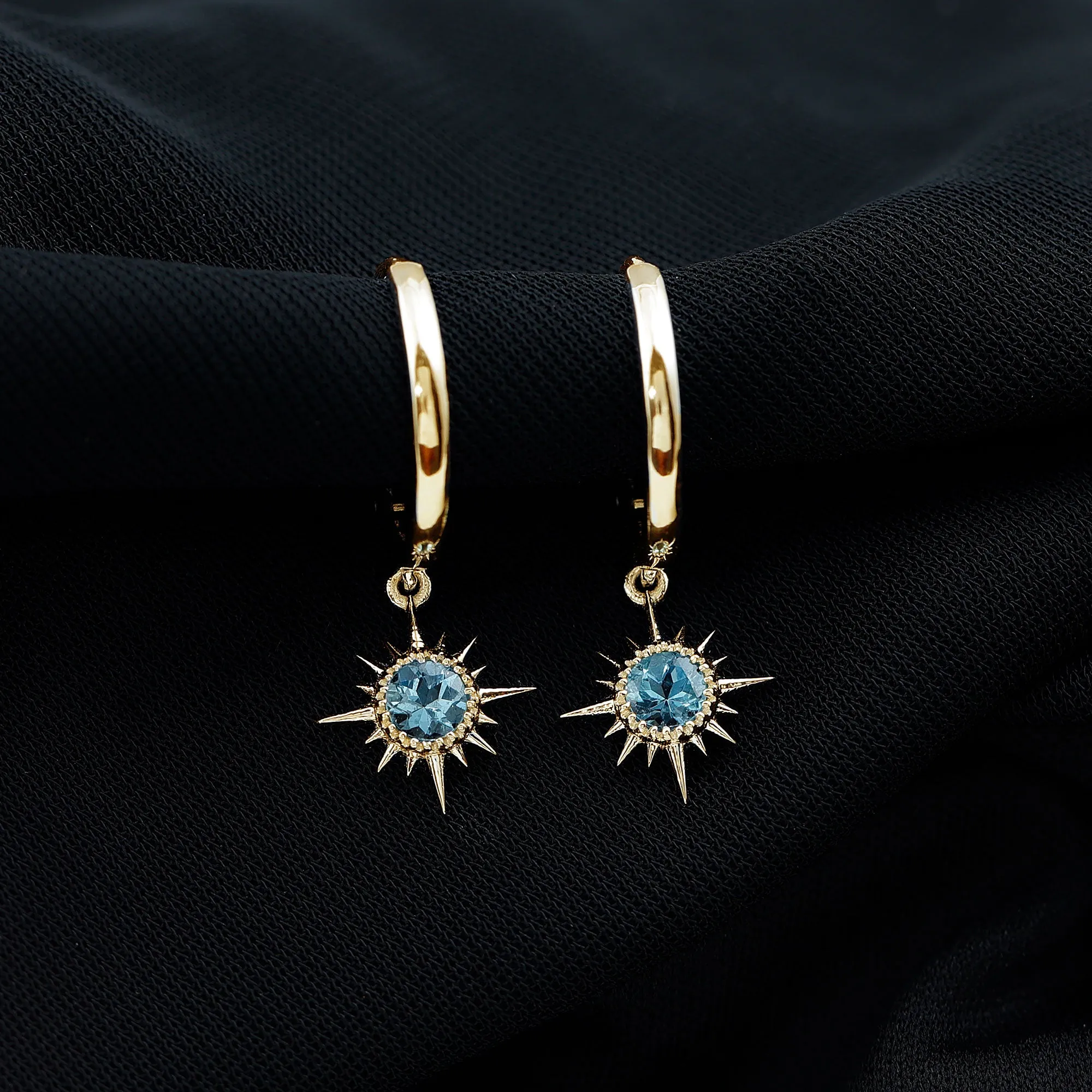 4 MM Round Shape Aquamarine and Gold Sunburst Hoop Drop Earrings For Women