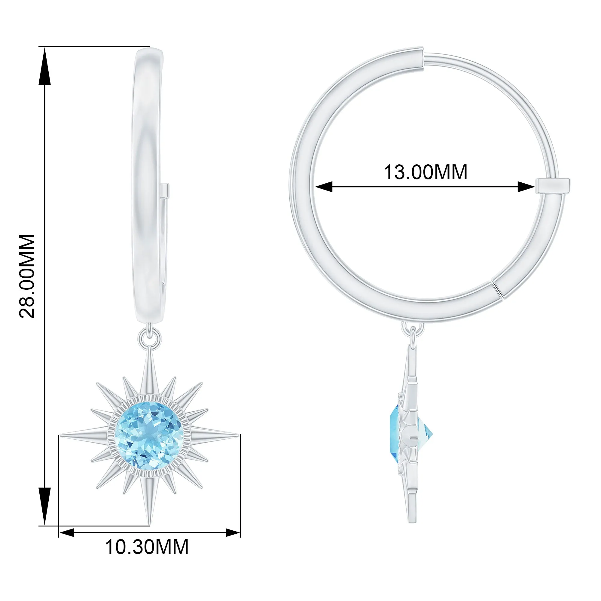 4 MM Round Shape Aquamarine and Gold Sunburst Hoop Drop Earrings For Women