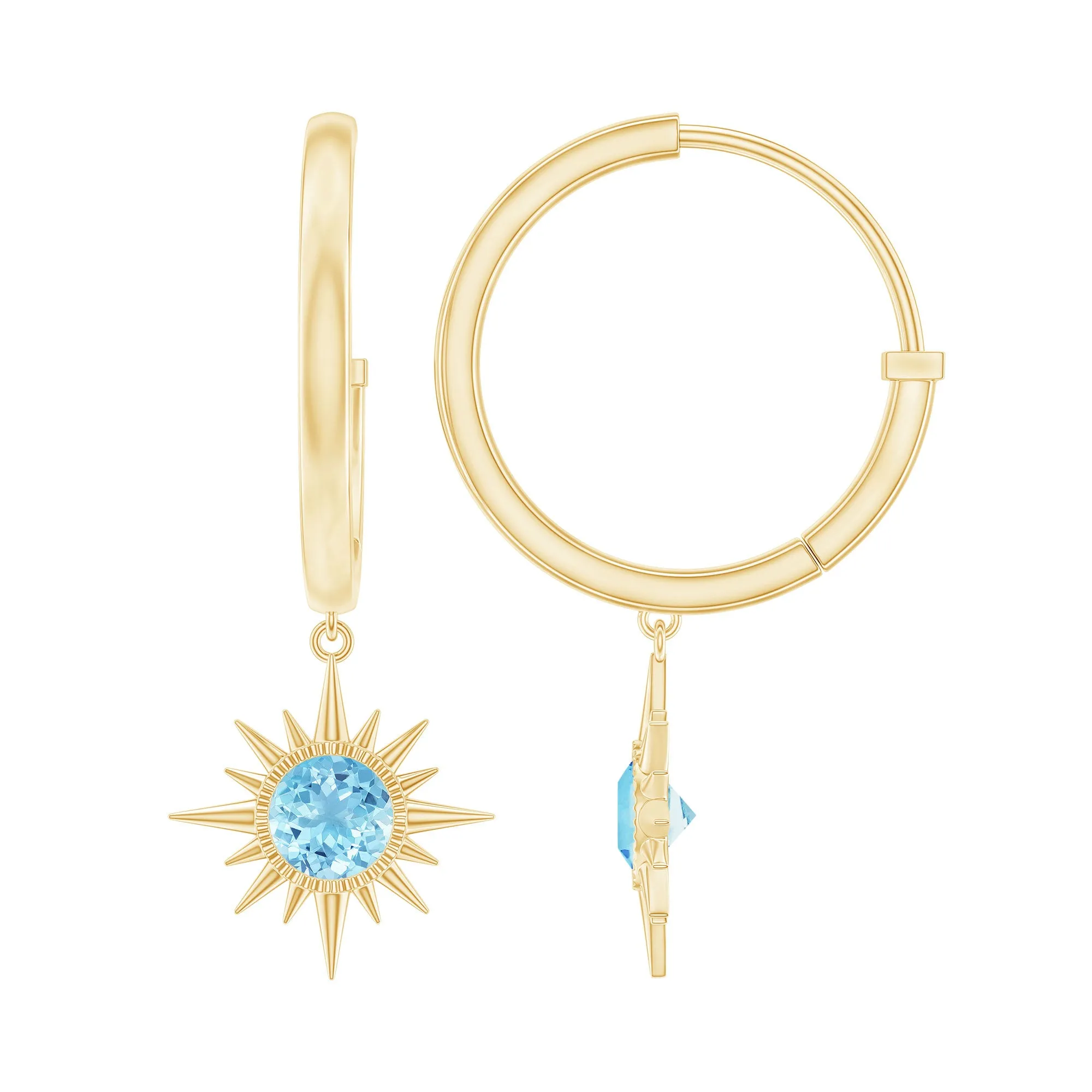 4 MM Round Shape Aquamarine and Gold Sunburst Hoop Drop Earrings For Women