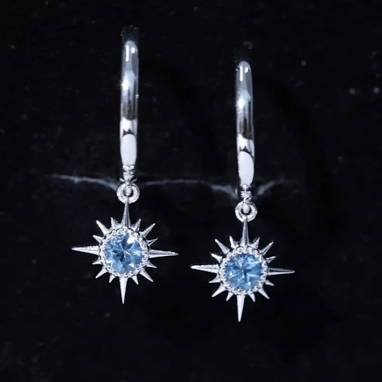 4 MM Round Shape Aquamarine and Gold Sunburst Hoop Drop Earrings For Women