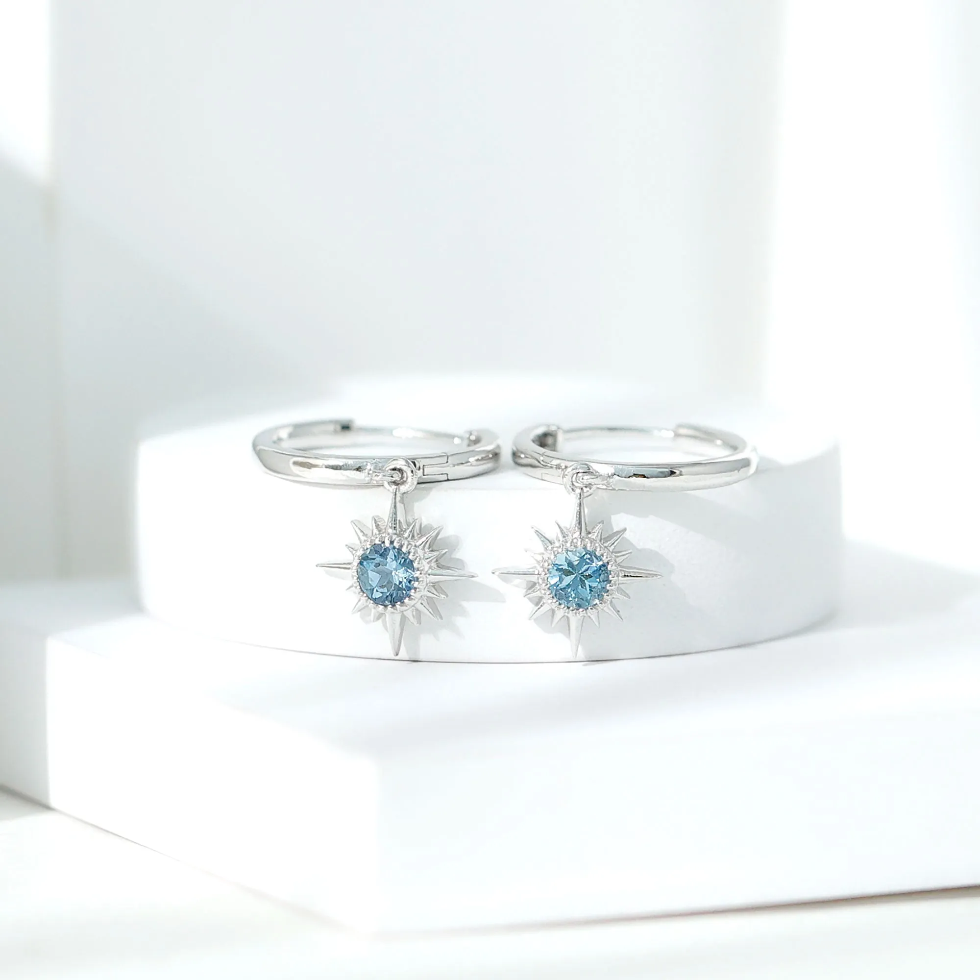 4 MM Round Shape Aquamarine and Gold Sunburst Hoop Drop Earrings For Women