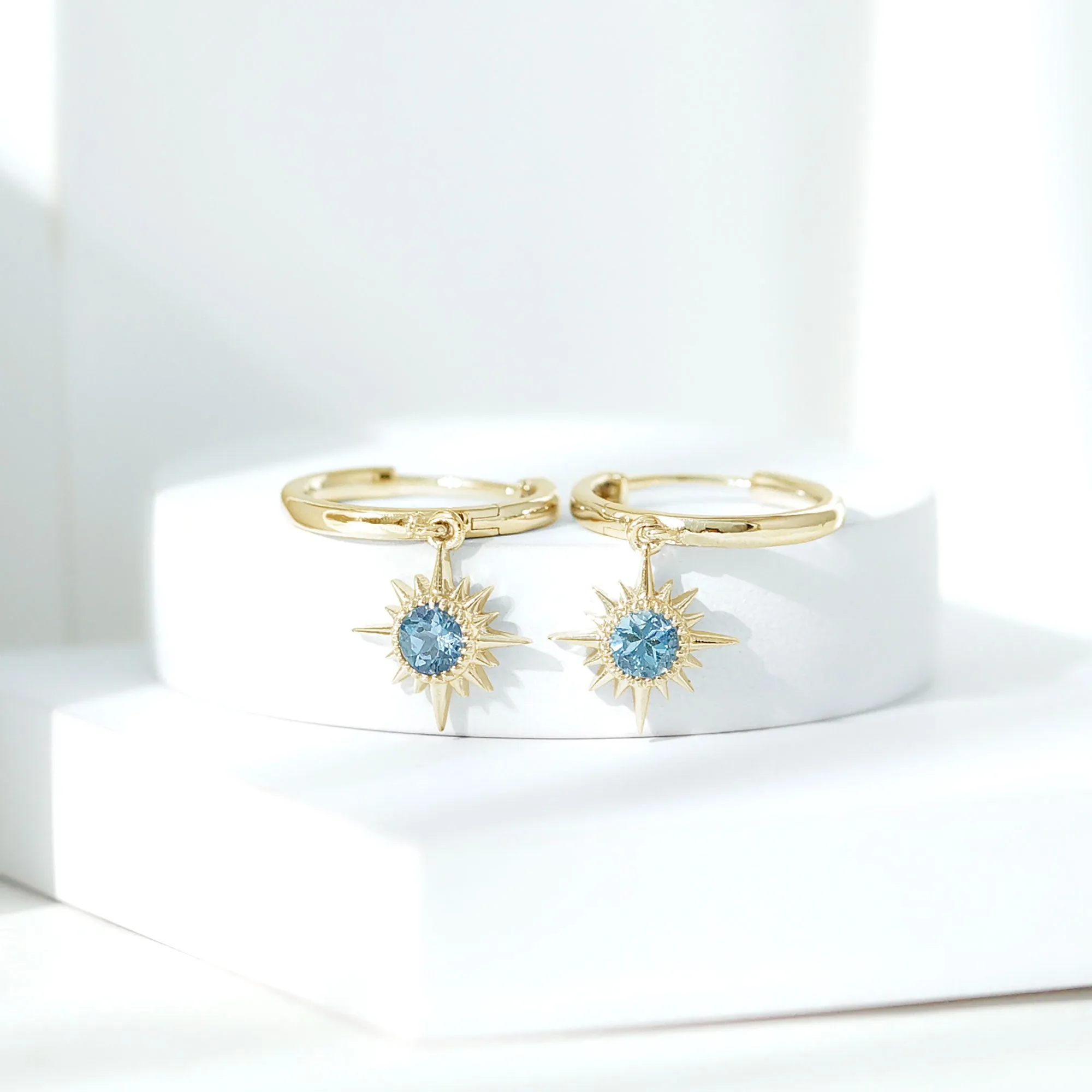 4 MM Round Shape Aquamarine and Gold Sunburst Hoop Drop Earrings For Women