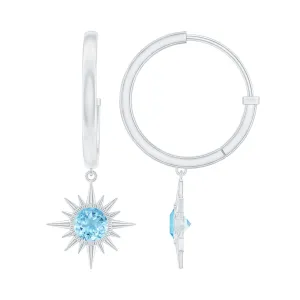 4 MM Round Shape Aquamarine and Gold Sunburst Hoop Drop Earrings For Women