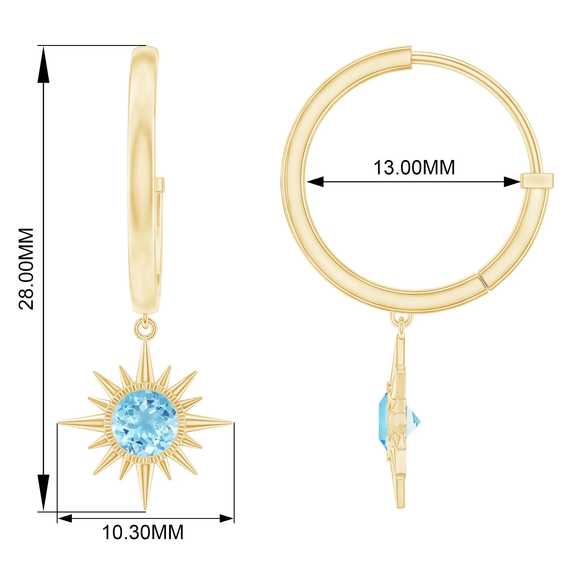4 MM Round Shape Aquamarine and Gold Sunburst Hoop Drop Earrings For Women