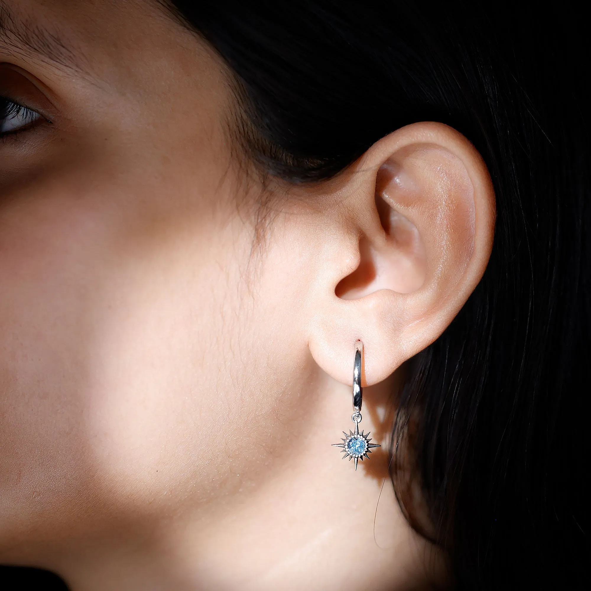 4 MM Round Shape Aquamarine and Gold Sunburst Hoop Drop Earrings For Women
