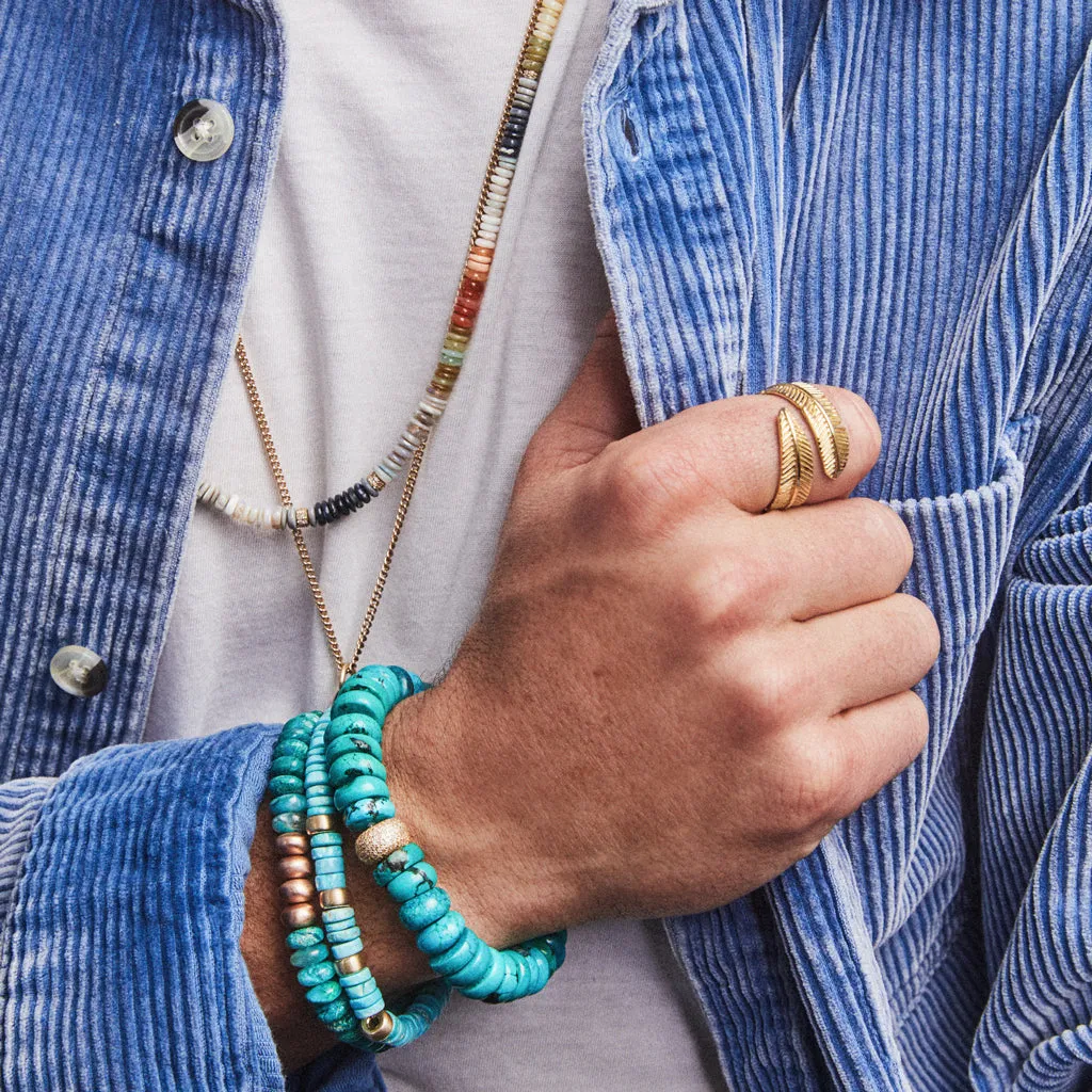 4 SPACED OUT GOLD BEADS   TURQUOISE BEADED STRETCH BRACELET
