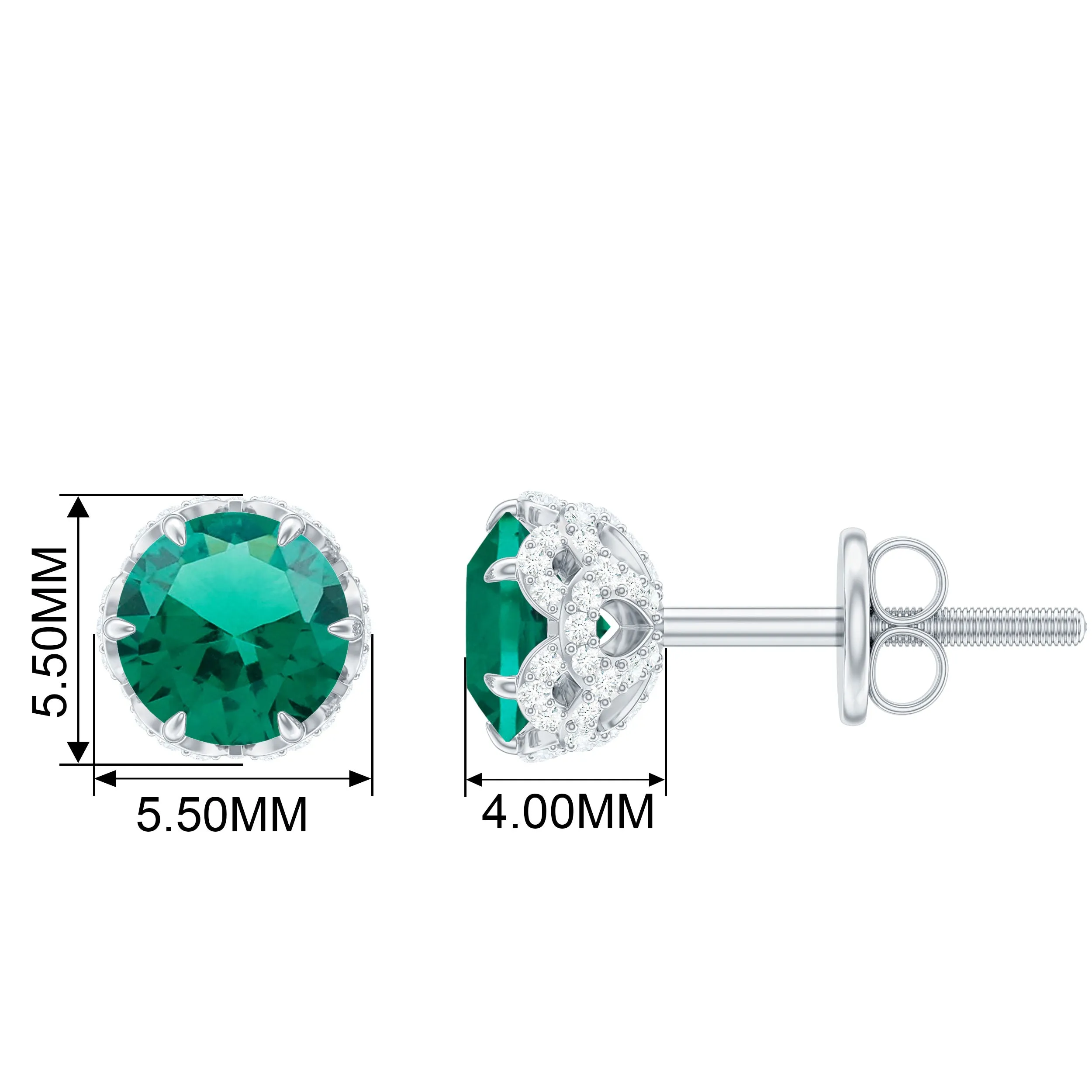 5 MM Created Emerald Solitaire and Diamond Floral Stud Earrings