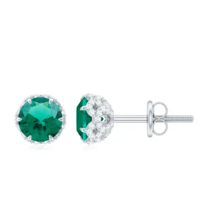 5 MM Created Emerald Solitaire and Diamond Floral Stud Earrings