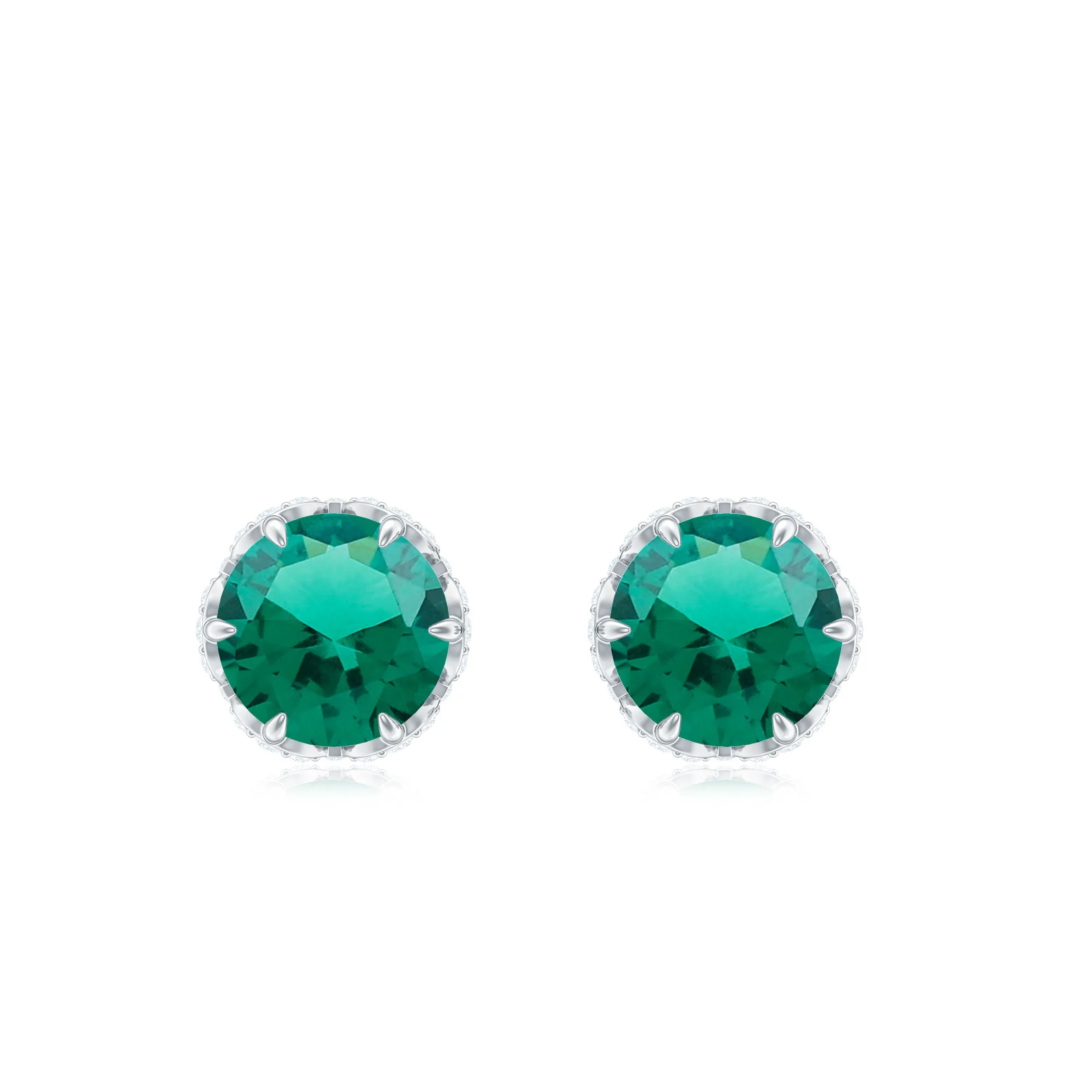 5 MM Created Emerald Solitaire and Diamond Floral Stud Earrings