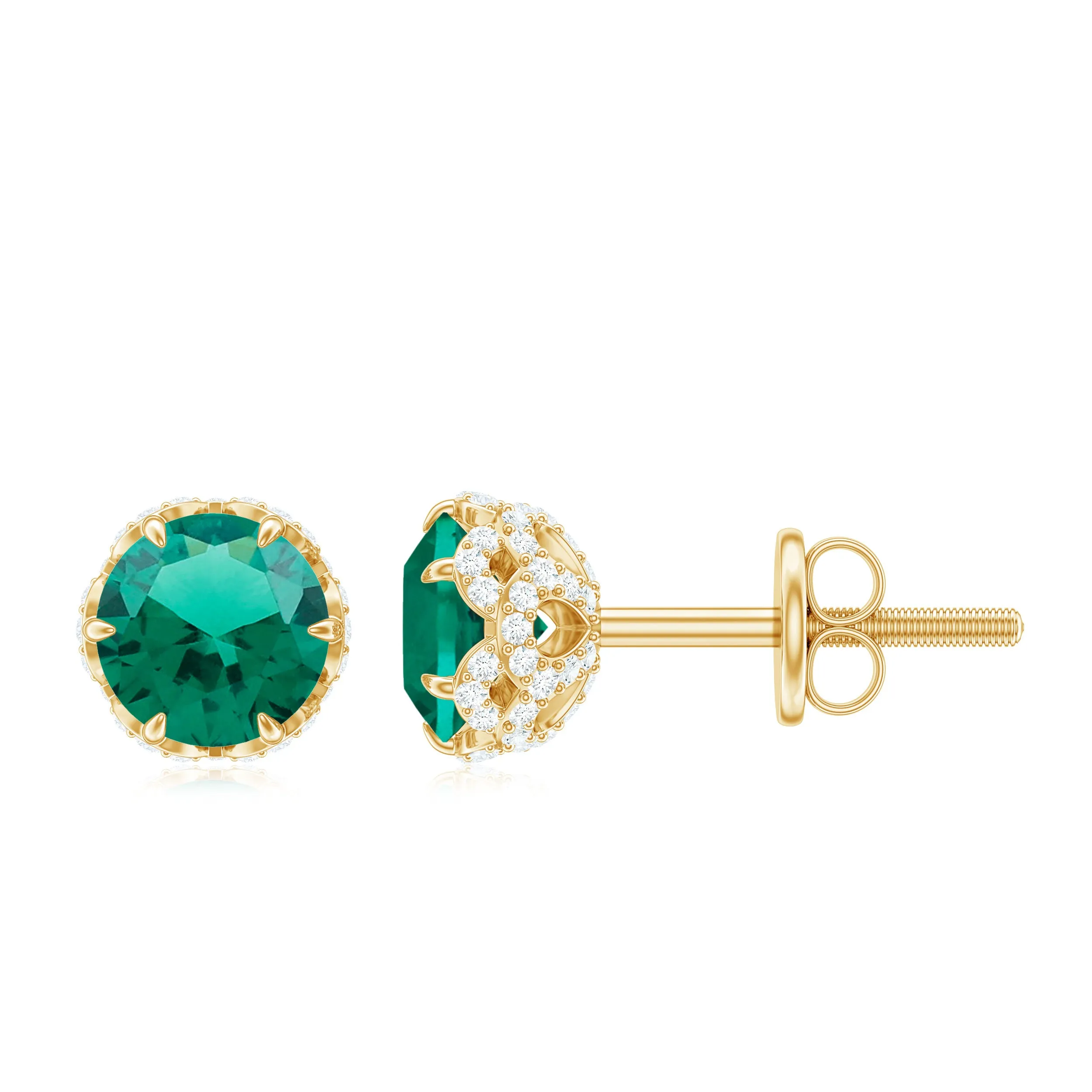 5 MM Created Emerald Solitaire and Diamond Floral Stud Earrings