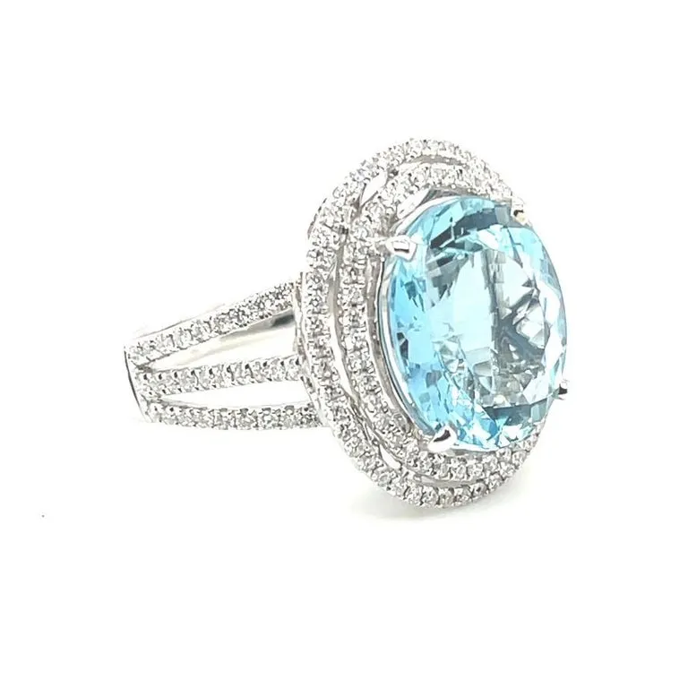 5.52 Carat Aquamarine and Double Diamond Halo Cocktail Ring