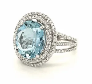 5.52 Carat Aquamarine and Double Diamond Halo Cocktail Ring 5.52 Carat Aquamarine and Double Diamond Halo Cocktail Ring