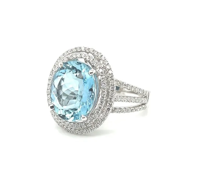 5.52 Carat Aquamarine and Double Diamond Halo Cocktail Ring