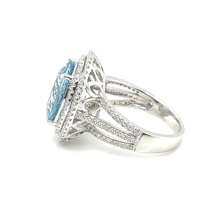5.52 Carat Aquamarine and Double Diamond Halo Cocktail Ring