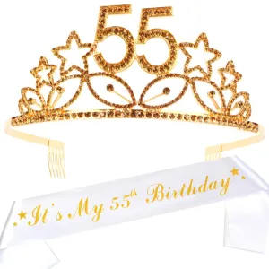 55th Birthday Gifts for Woman, 55th Birthday Tiara and Sash Gold, HAPPY 55th Birthday