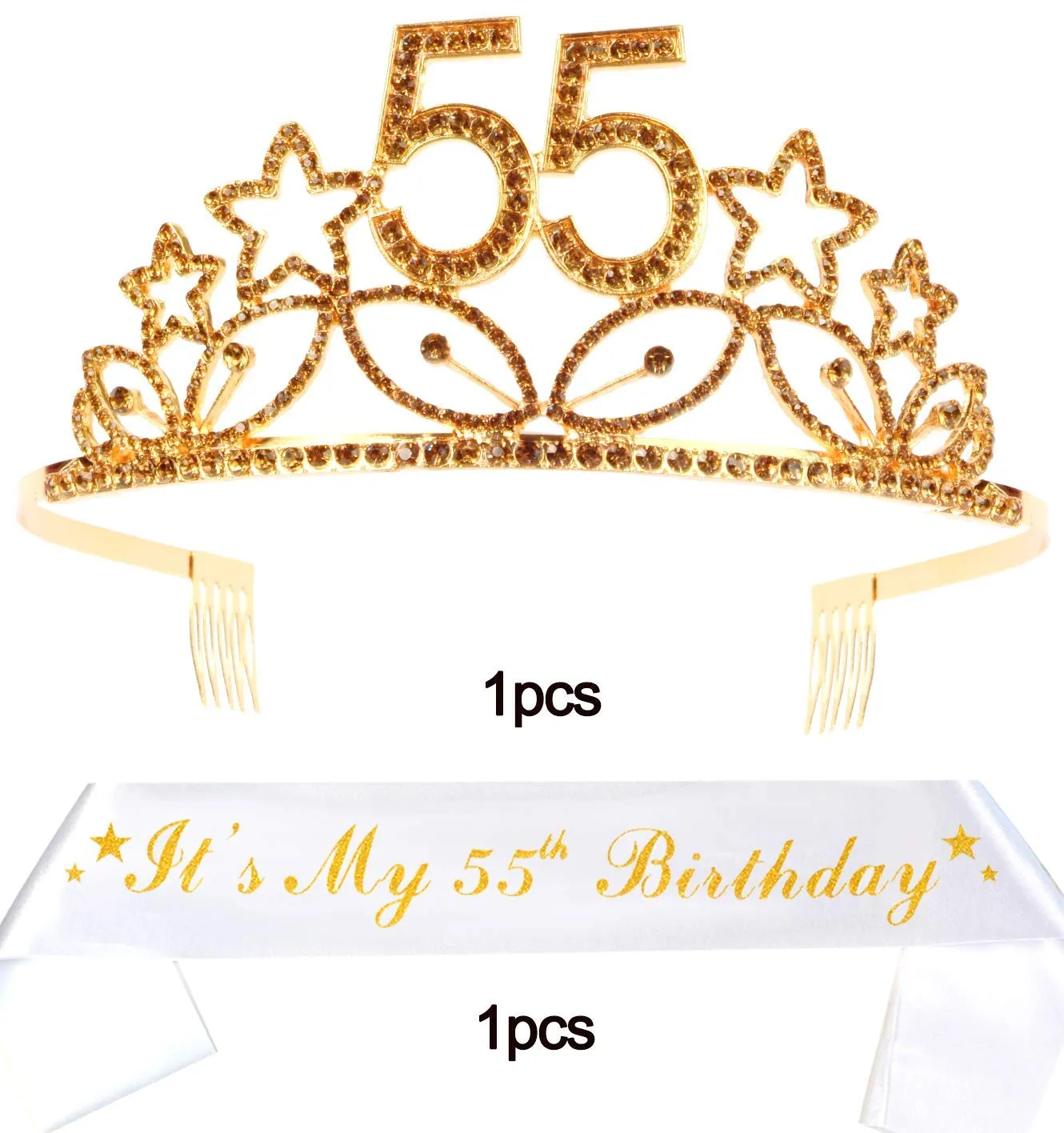 55th Birthday Gifts for Woman, 55th Birthday Tiara and Sash Gold, HAPPY 55th Birthday