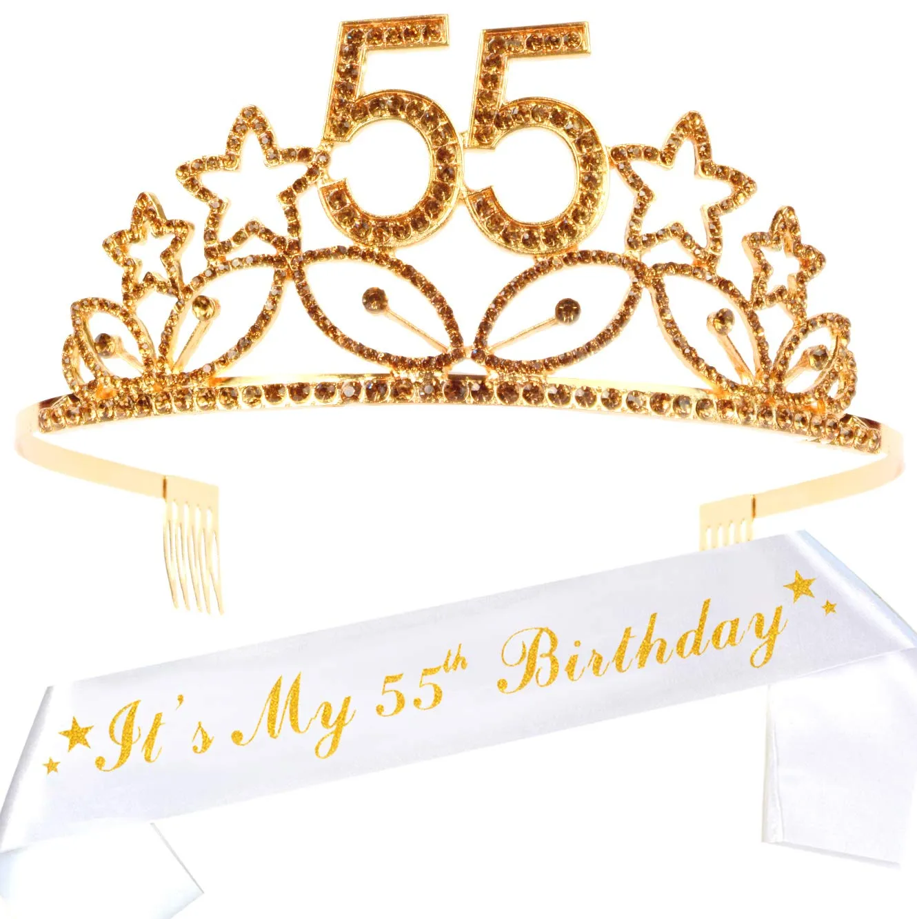 55th Birthday Gifts for Woman, 55th Birthday Tiara and Sash Gold, HAPPY 55th Birthday