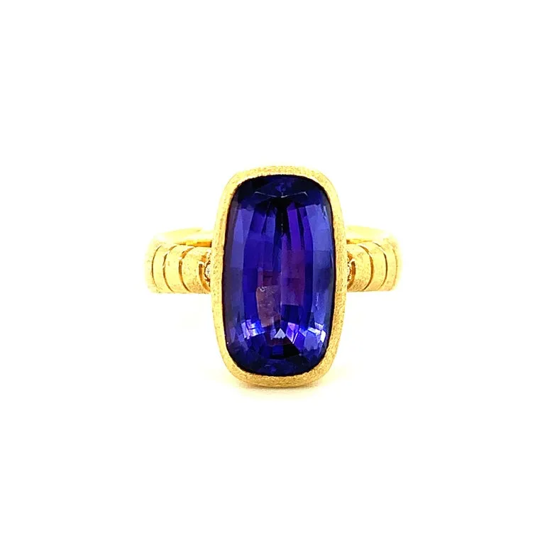6.09 Carat Tanzanite and Diamond Ring, 18K Yellow Gold