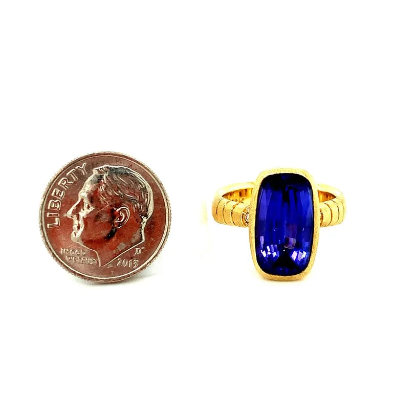 6.09 Carat Tanzanite and Diamond Ring, 18K Yellow Gold