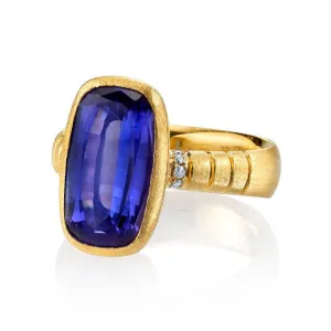 6.09 Carat Tanzanite and Diamond Ring, 18K Yellow Gold 6.09 Carat Tanzanite and Diamond Ring, 18K Yellow Gold