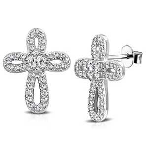 925 Sterling Silver White Clear CZ Religious Cross Stud Earrings, 0.60" 925 Sterling Silver White Clear CZ Religious Cross Stud Earrings, 0.60"