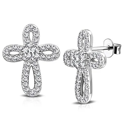 925 Sterling Silver White Clear CZ Religious Cross Stud Earrings, 0.60"