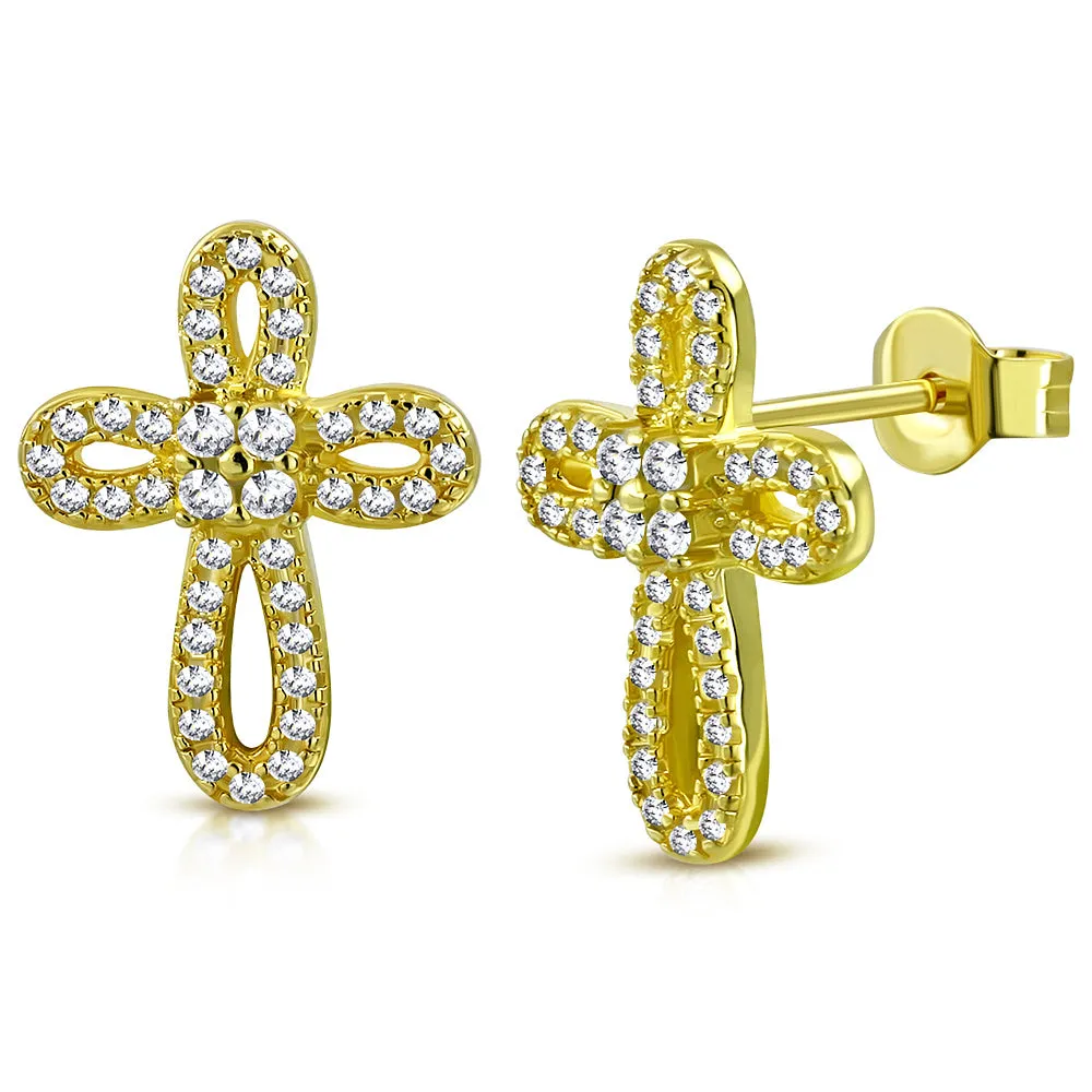 925 Sterling Silver White Clear CZ Religious Cross Stud Earrings, 0.60"