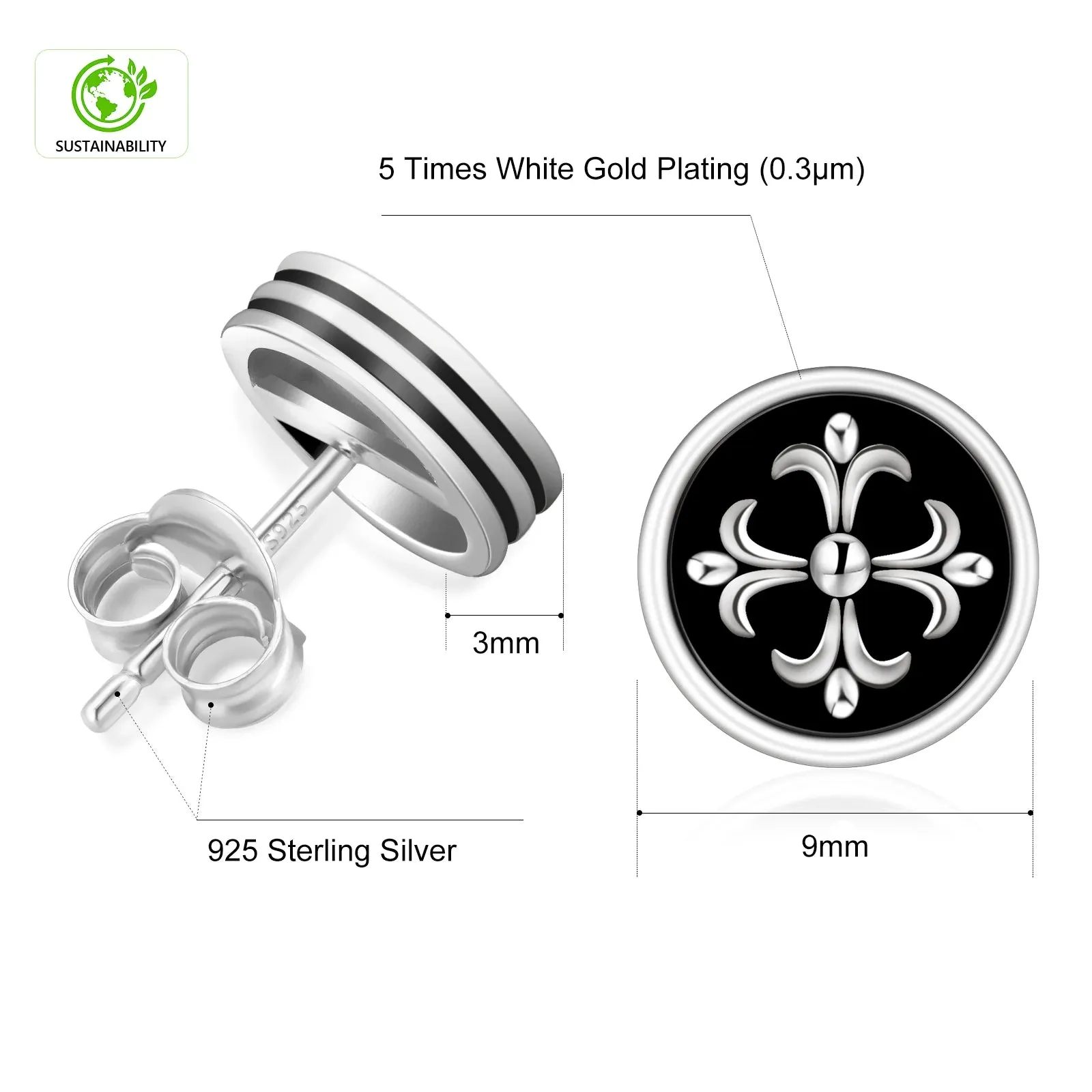 9mm Black Stud Earrings - Cross Fleur-de-lis Lily flower