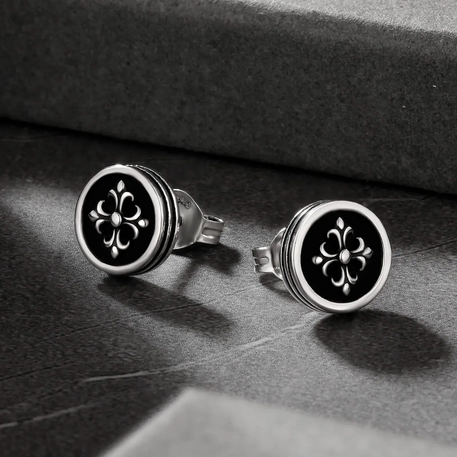 9mm Black Stud Earrings - Cross Fleur-de-lis Lily flower