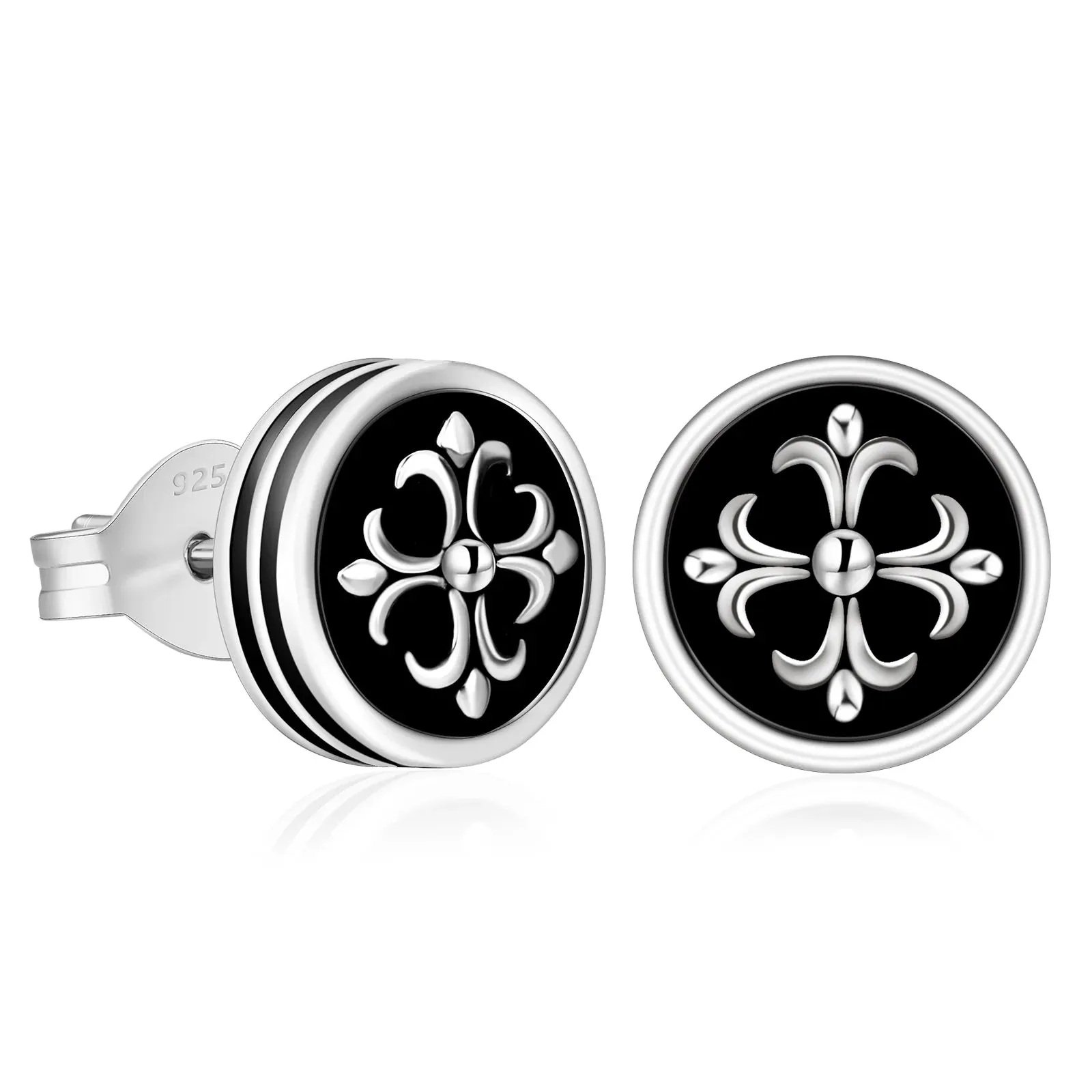 9mm Black Stud Earrings - Cross Fleur-de-lis Lily flower