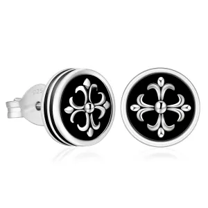 9mm Black Stud Earrings - Cross Fleur-de-lis Lily flower