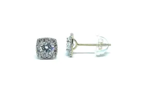 ADIRFINE 14K Solid Gold Cubic Zirconia Square Halo Stud Earrings
