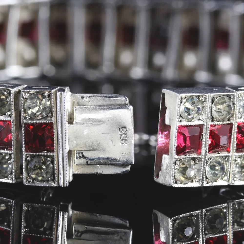 Antique Art Deco Ruby Paste Silver Bracelet Circa 1920