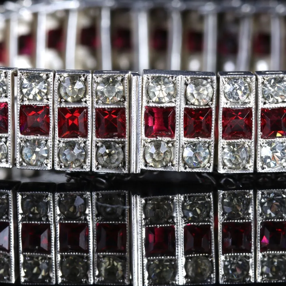 Antique Art Deco Ruby Paste Silver Bracelet Circa 1920