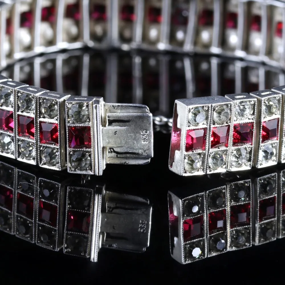 Antique Art Deco Ruby Paste Silver Bracelet Circa 1920