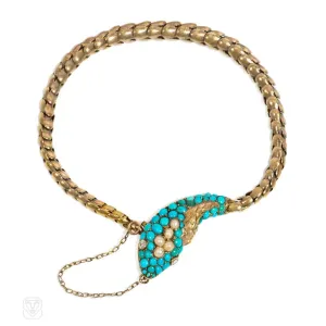Antique gold, turquoise, and pearl snake bracelet