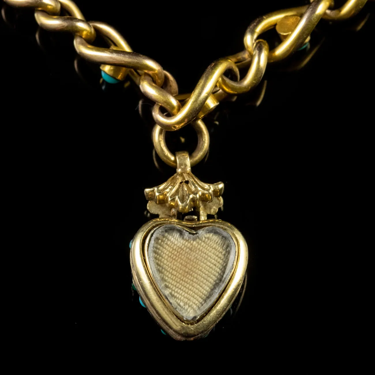 Antique Victorian Turquoise Pearl Heart Locket Bracelet 15Ct Gold Circa 1900