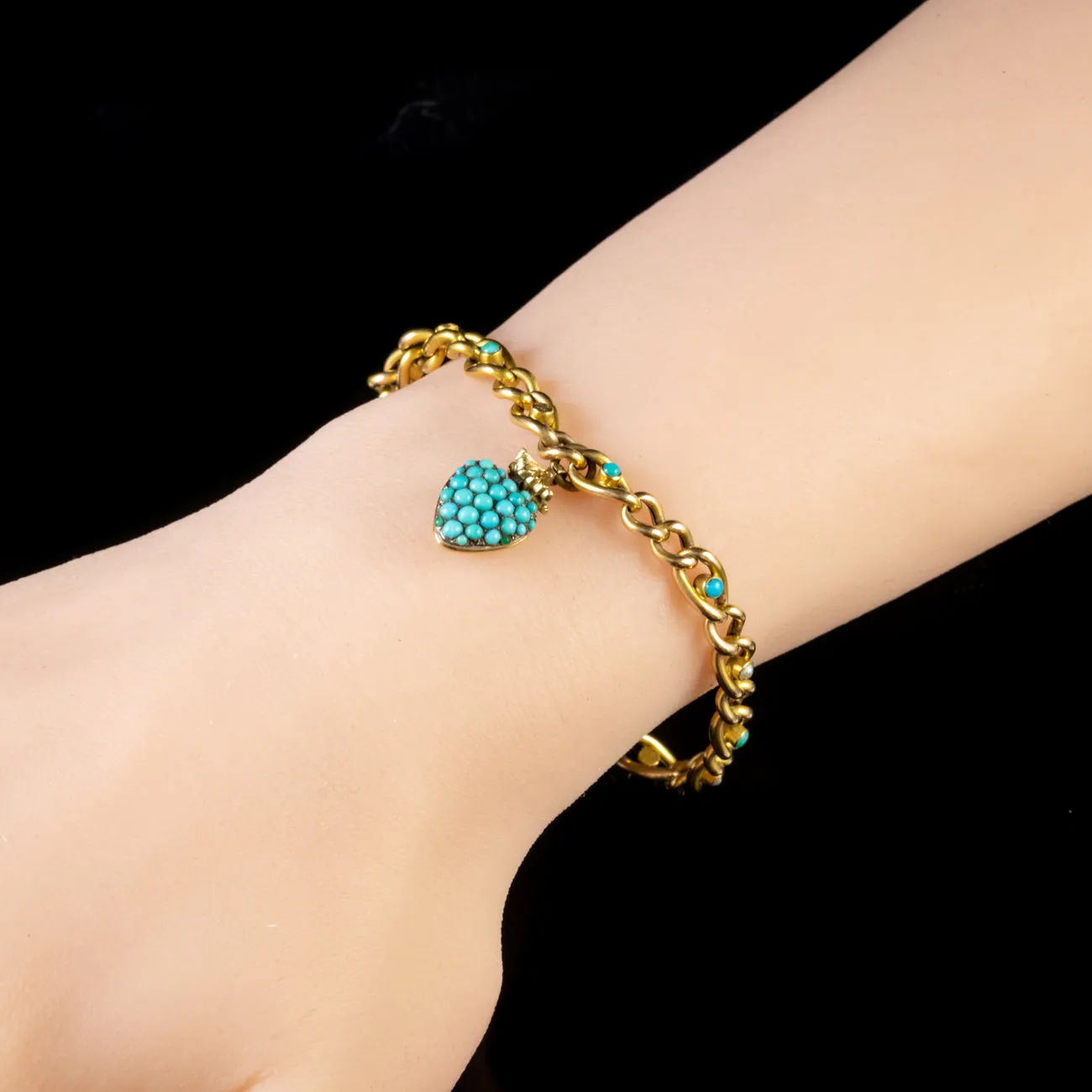 Antique Victorian Turquoise Pearl Heart Locket Bracelet 15Ct Gold Circa 1900