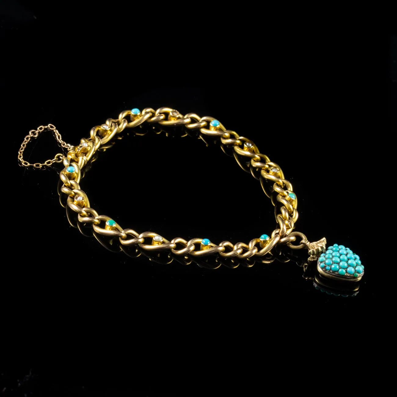 Antique Victorian Turquoise Pearl Heart Locket Bracelet 15Ct Gold Circa 1900