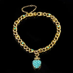 Antique Victorian Turquoise Pearl Heart Locket Bracelet 15Ct Gold Circa 1900