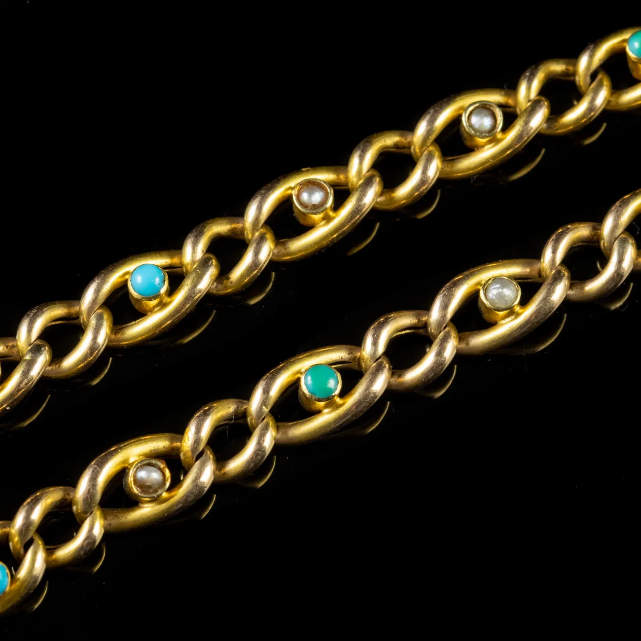 Antique Victorian Turquoise Pearl Heart Locket Bracelet 15Ct Gold Circa 1900