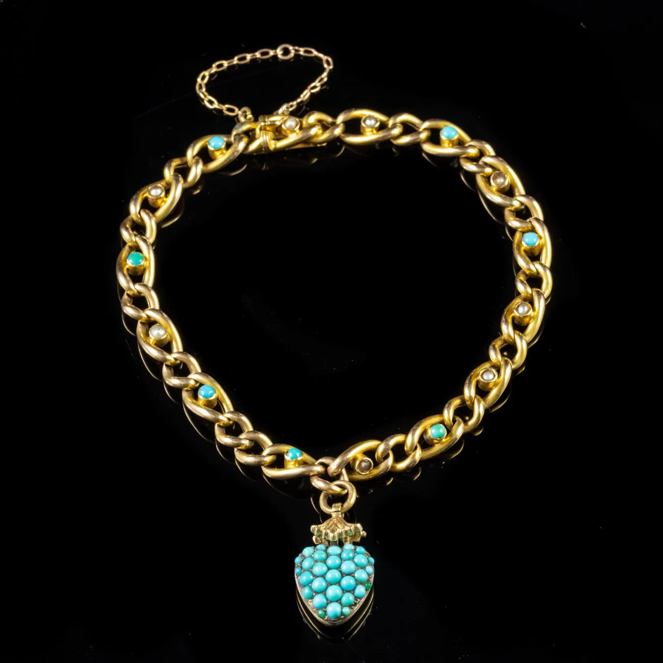 Antique Victorian Turquoise Pearl Heart Locket Bracelet 15Ct Gold Circa 1900