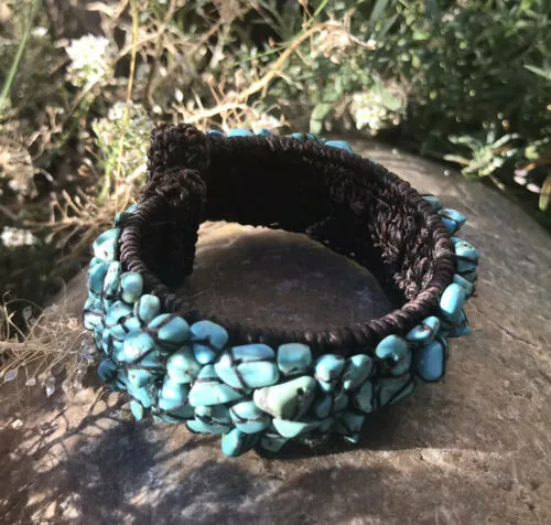 Artisan Handmade Turquoise Stone Fiber Wrapped Cuff Bracelet