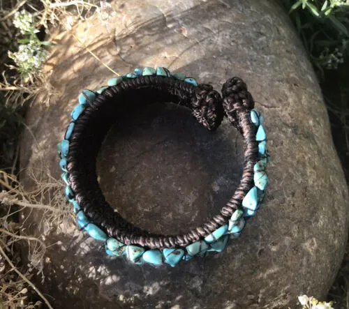 Artisan Handmade Turquoise Stone Fiber Wrapped Cuff Bracelet