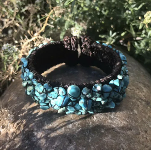 Artisan Handmade Turquoise Stone Fiber Wrapped Cuff Bracelet