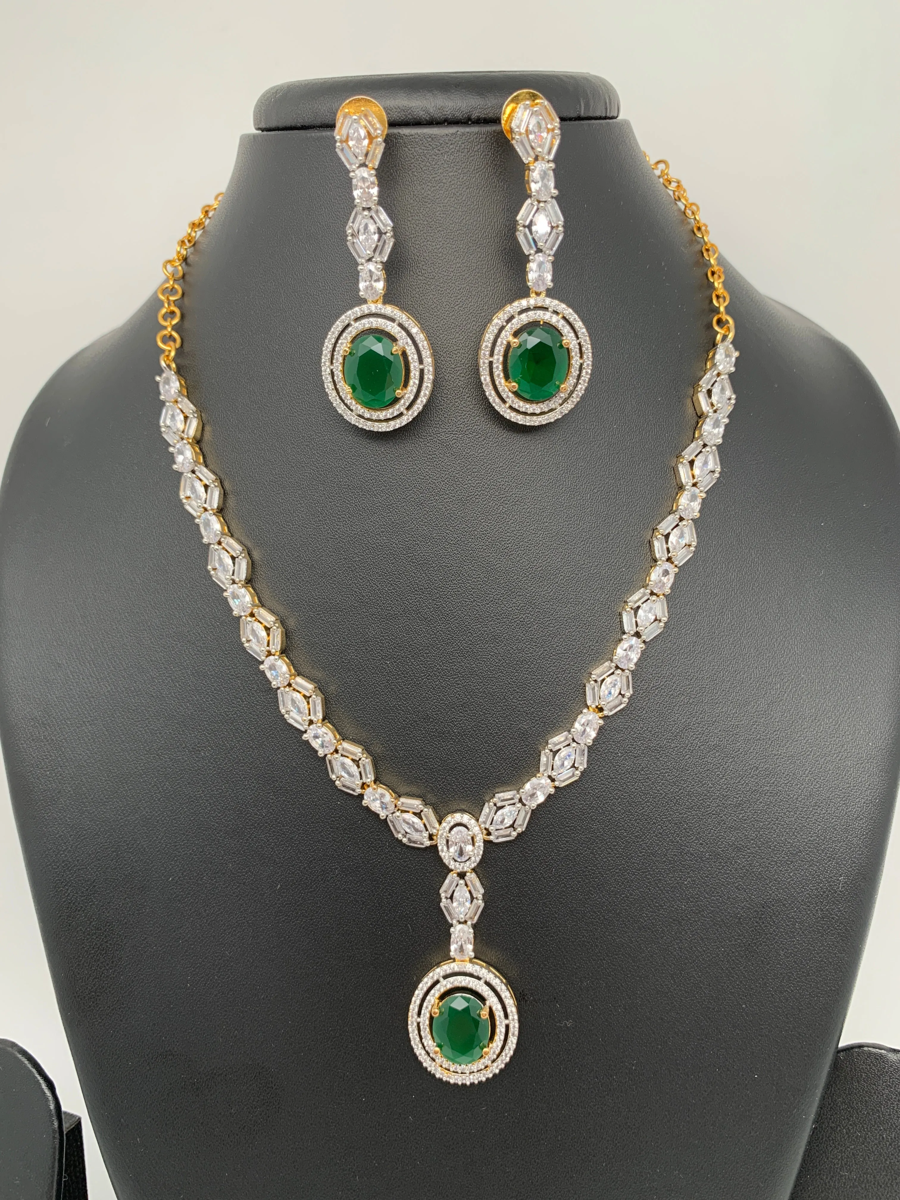 Baguette AD and Green Stone Short Necklace