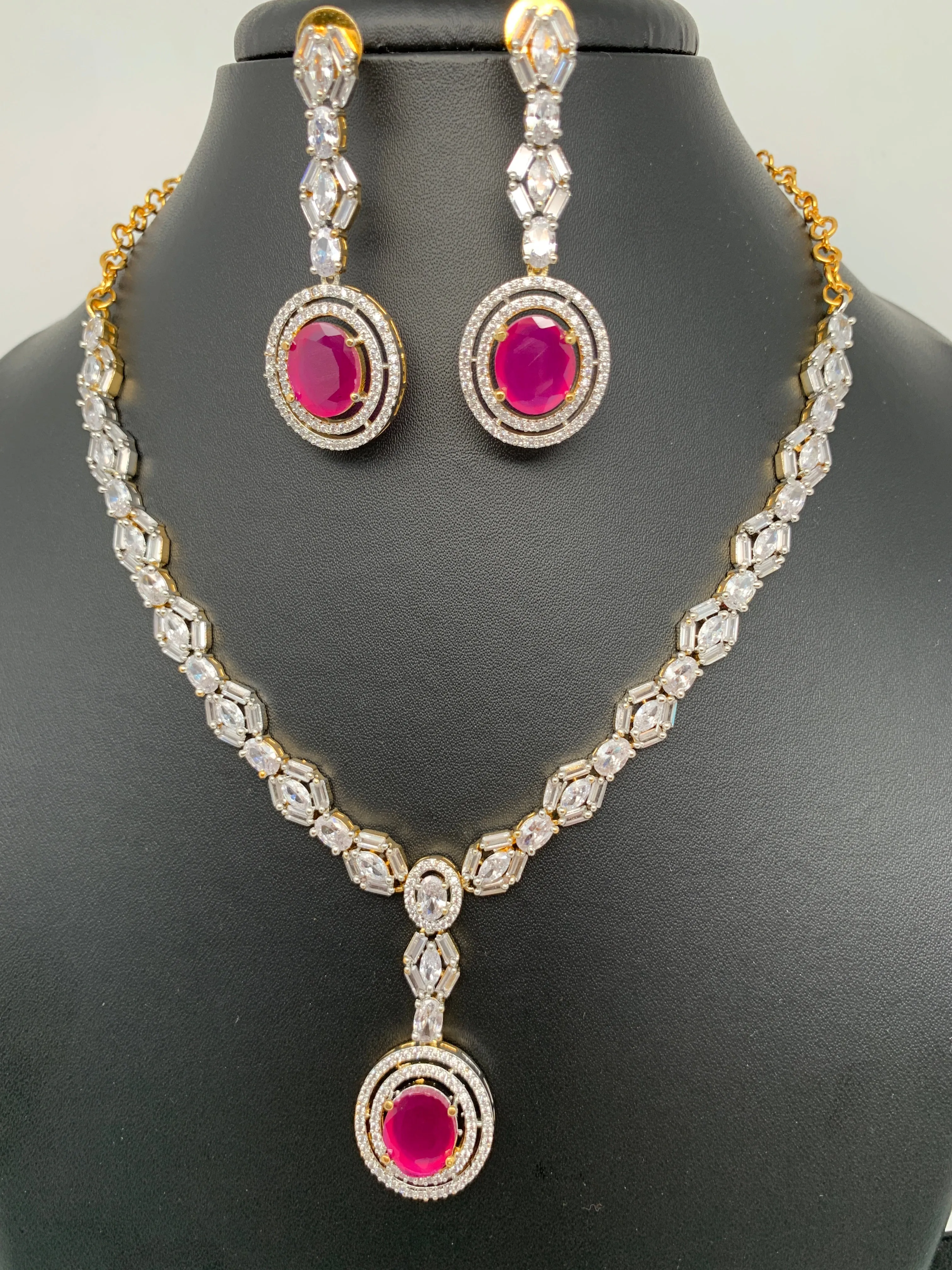 Baguette AD and Red Stone Short Necklace
