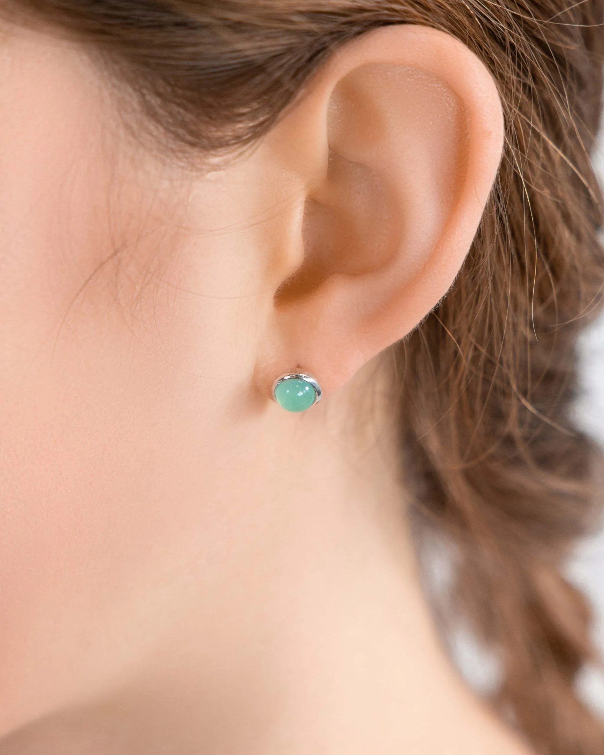 Banyan Round Green Chalcedony Stud Earrings