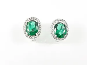 Beautiful Layered Oval Shape Center Emerald Color CZ Latch Back Silver Earrings