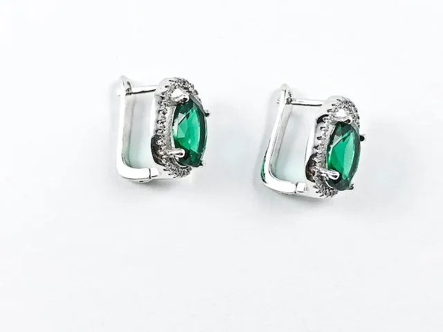 Beautiful Layered Oval Shape Center Emerald Color CZ Latch Back Silver Earrings